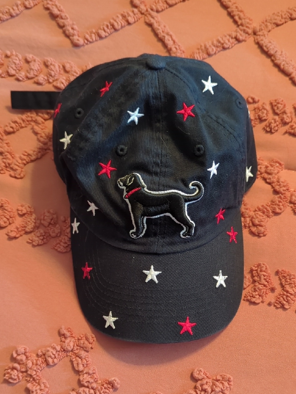 47 Black Baseball Cap with Red & White Star Embroidery and Dog Patch